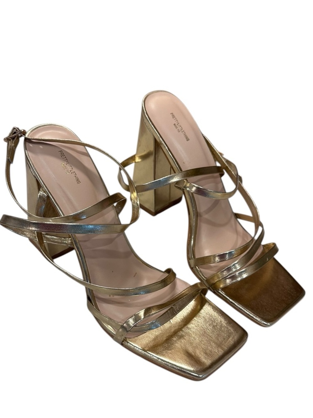 PTL PrettyLittleThing Wide Fit GOLD SQUARE TOE STRAPPY BLOCK HEEL Sandals Size 7 - Picture 2 of 8